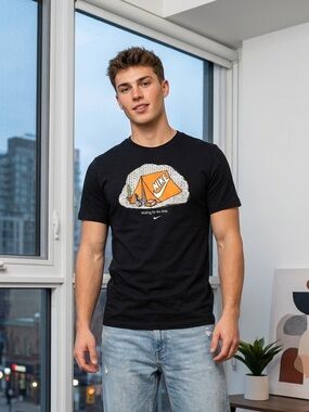 Nike Black Tee with Orange Tent Graphic y2k men’s medium